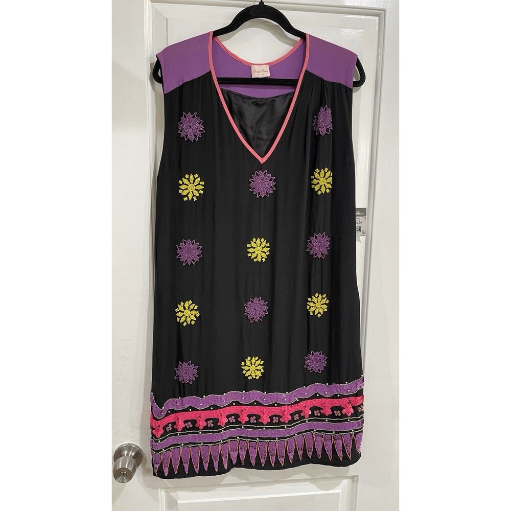 Tracy Reese New York Hand Beaded Colorful Black silk  Dress mini dress size M